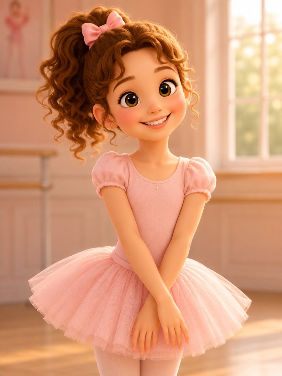 Lächelndes Mädchen im rosa Tutu im Kurs Ballet Kids für 6 bis 9 Jahre
