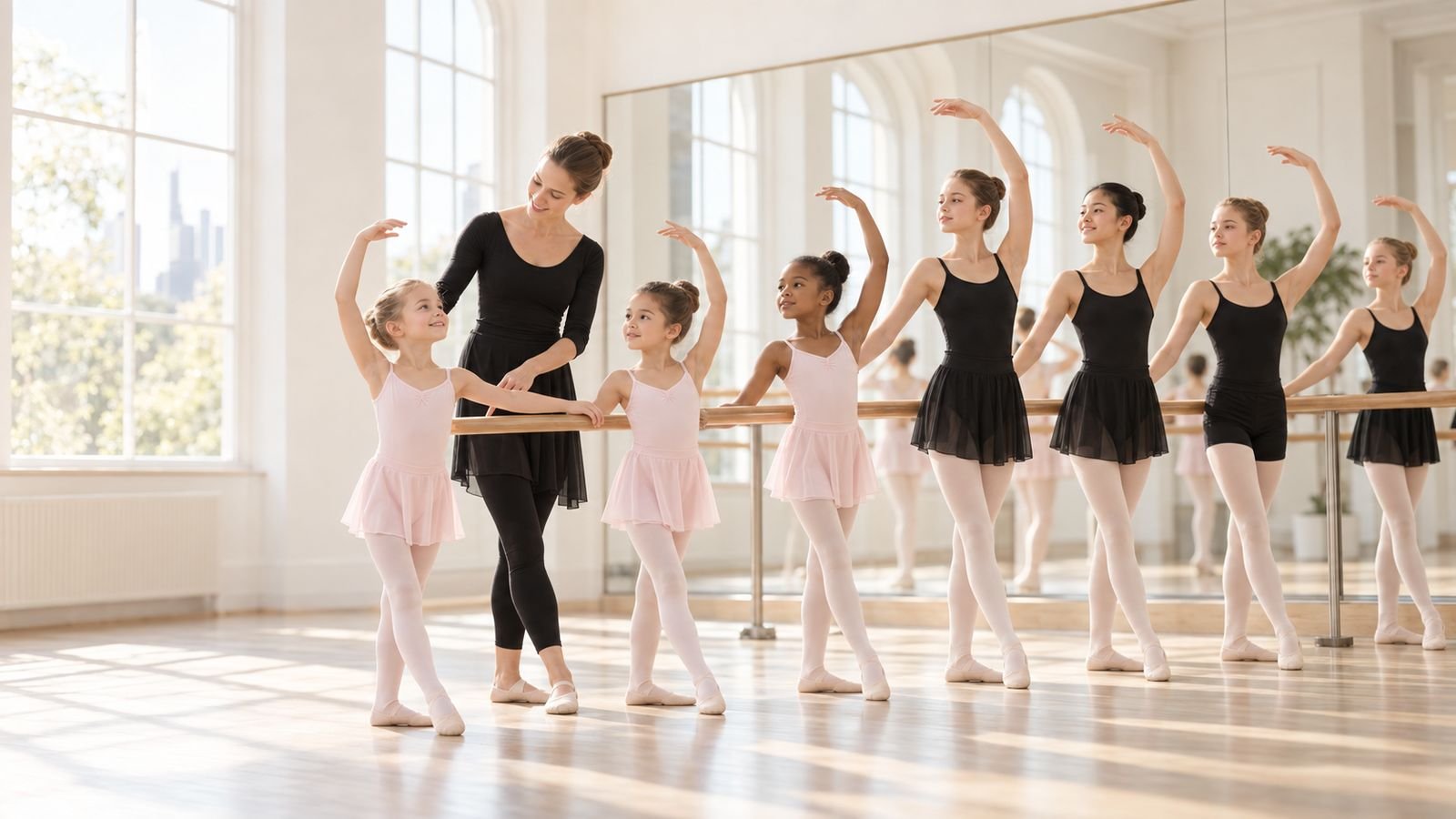 Kinder verschiedener Altersgruppen trainieren mit einer Ballettlehrerin an der Stange im hellen Ballettstudio