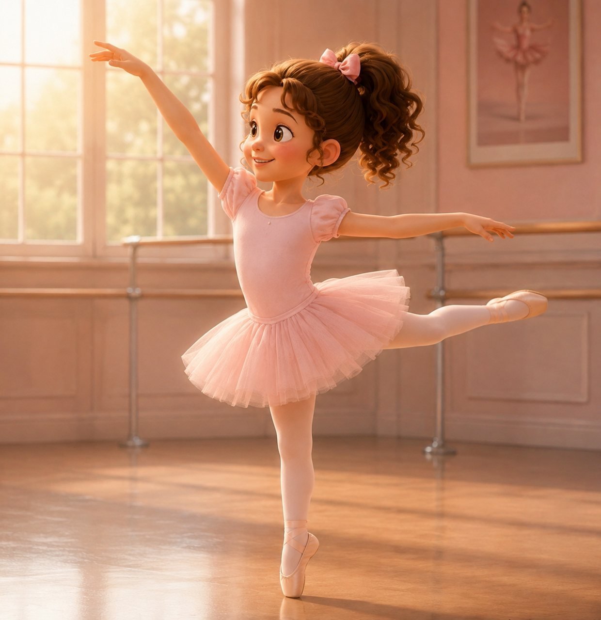 Mädchen im rosa Tutu tanzt im sonnigen Ballettsaal der Ballettschule Frankfurt